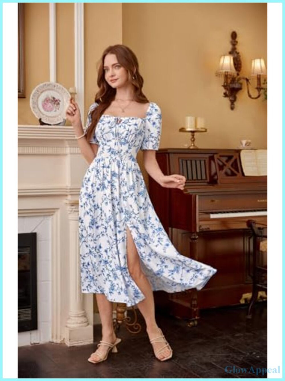 Floral Corset Midi Dress with Thigh Slit, Square Neck, Puffed Sleeves, Side - Picture 5 of 6